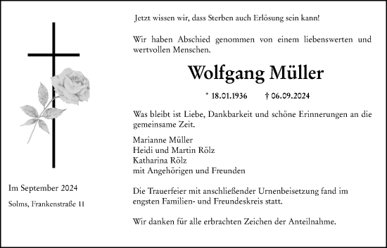 Traueranzeige von Wolfgang Müller von Weilburger Tageblatt