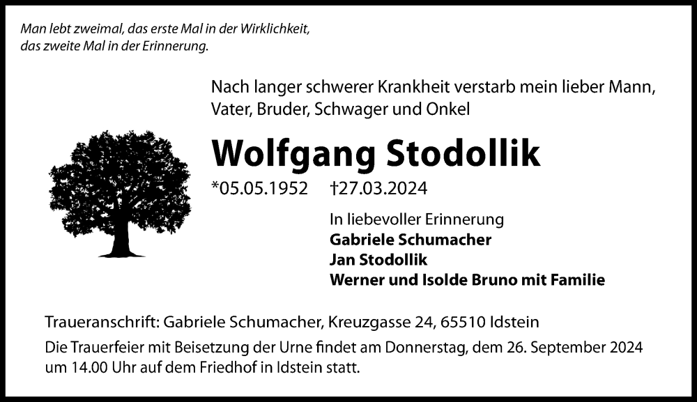  Traueranzeige für Wolfgang Stodollik vom 14.09.2024 aus Idsteiner Land/Untertaunus