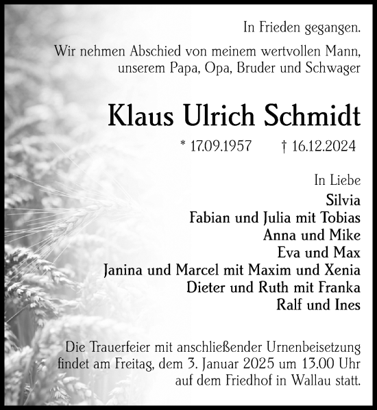 Traueranzeige von Klaus Ulrich Schmidt 