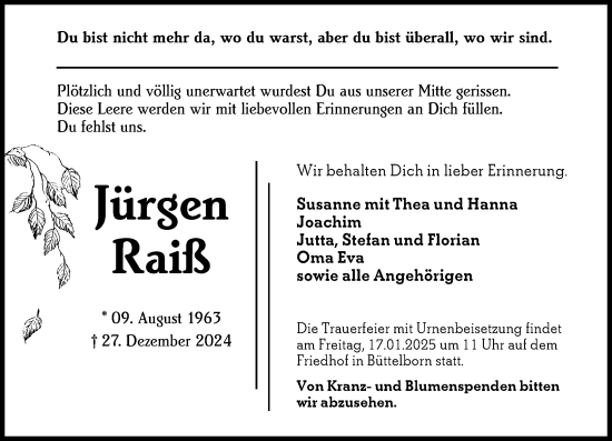 Traueranzeige von Jürgen Raiß von Groß-Gerauer Echo