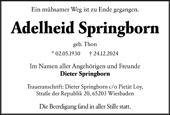 Traueranzeige von Adelheid Springborn von Wiesbadener Kurier