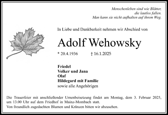 Traueranzeige von Adolf Wehowsky von Allgemeine Zeitung Mainz