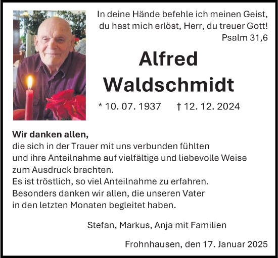 Traueranzeige von Alfred Waldschmidt von Dill Block