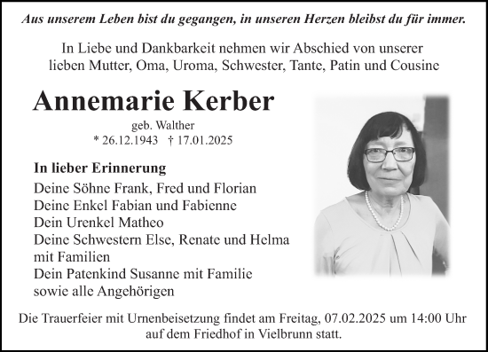 Traueranzeige von Annemarie Kerber von Odenwälder Echo