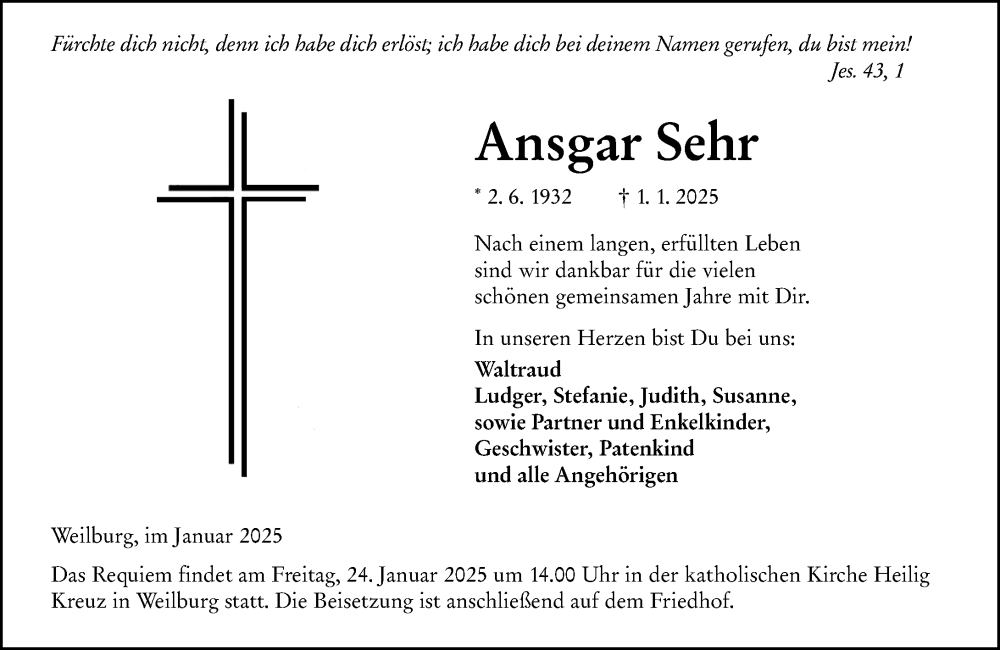  Traueranzeige für Ansgar Sehr vom 18.01.2025 aus Weilburger Tageblatt