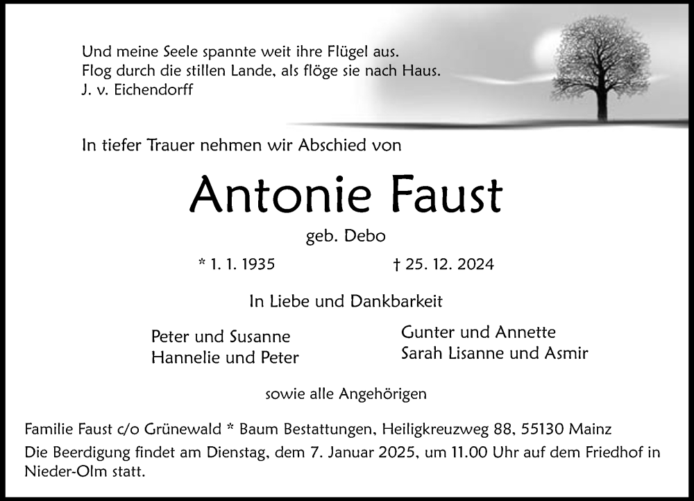  Traueranzeige für Antonie Faust vom 04.01.2025 aus Allgemeine Zeitung Mainz