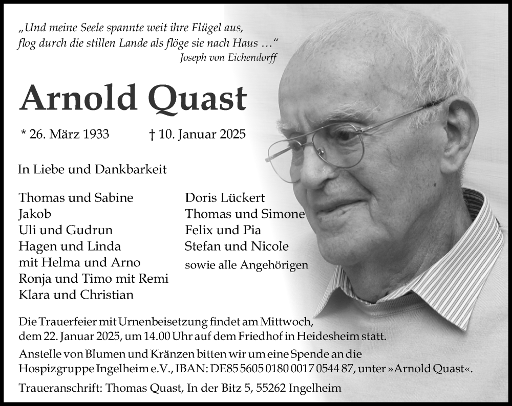  Traueranzeige für Arnold Quast vom 18.01.2025 aus Allgemeine Zeitung Rheinhessen-Nahe