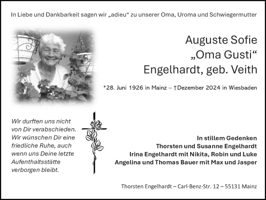 Traueranzeige von Auguste Sofie Engelhardt von Allgemeine Zeitung Mainz