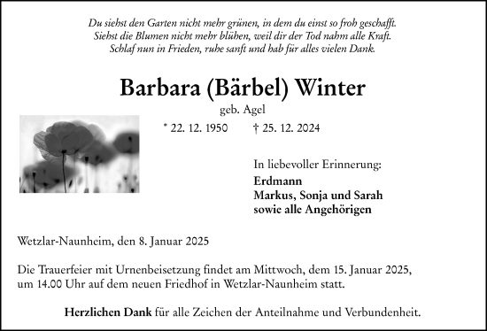 Traueranzeige von Barbara Winter von Wetzlarer Neue Zeitung