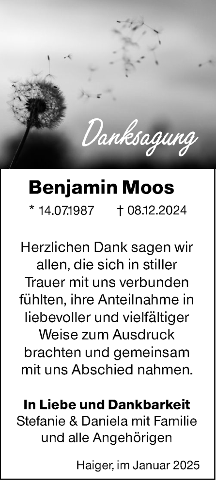 Traueranzeige von Benjamin Moos von Dill Block