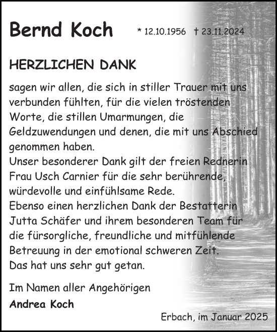 Traueranzeige von Bernd Koch von Odenwälder Echo