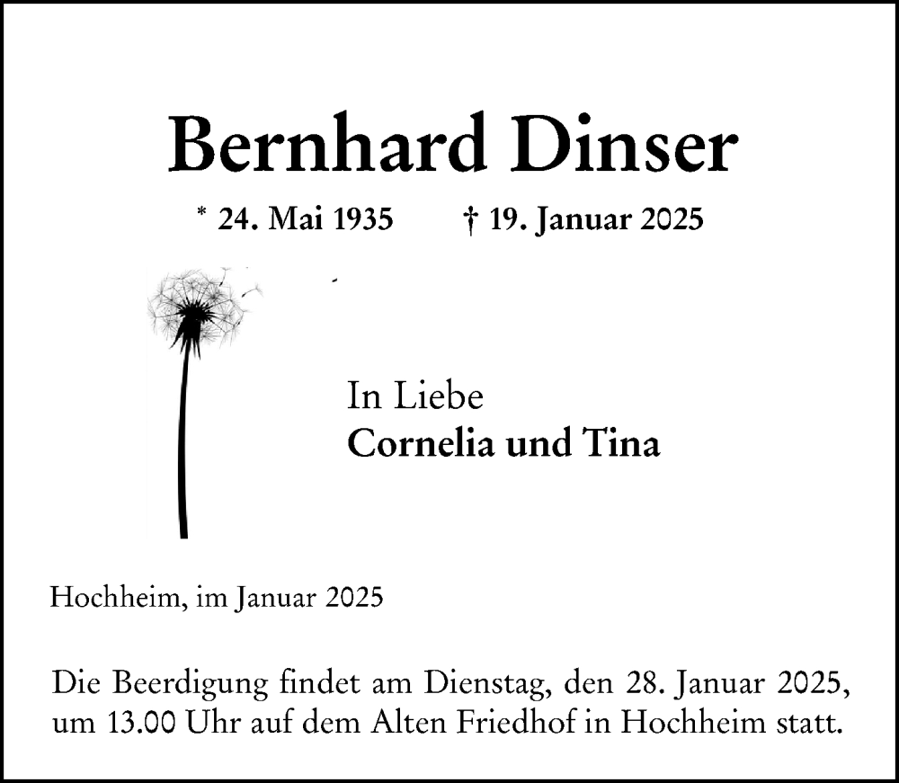  Traueranzeige für Bernhard Dinser vom 24.01.2025 aus Hochheimer Zeitung