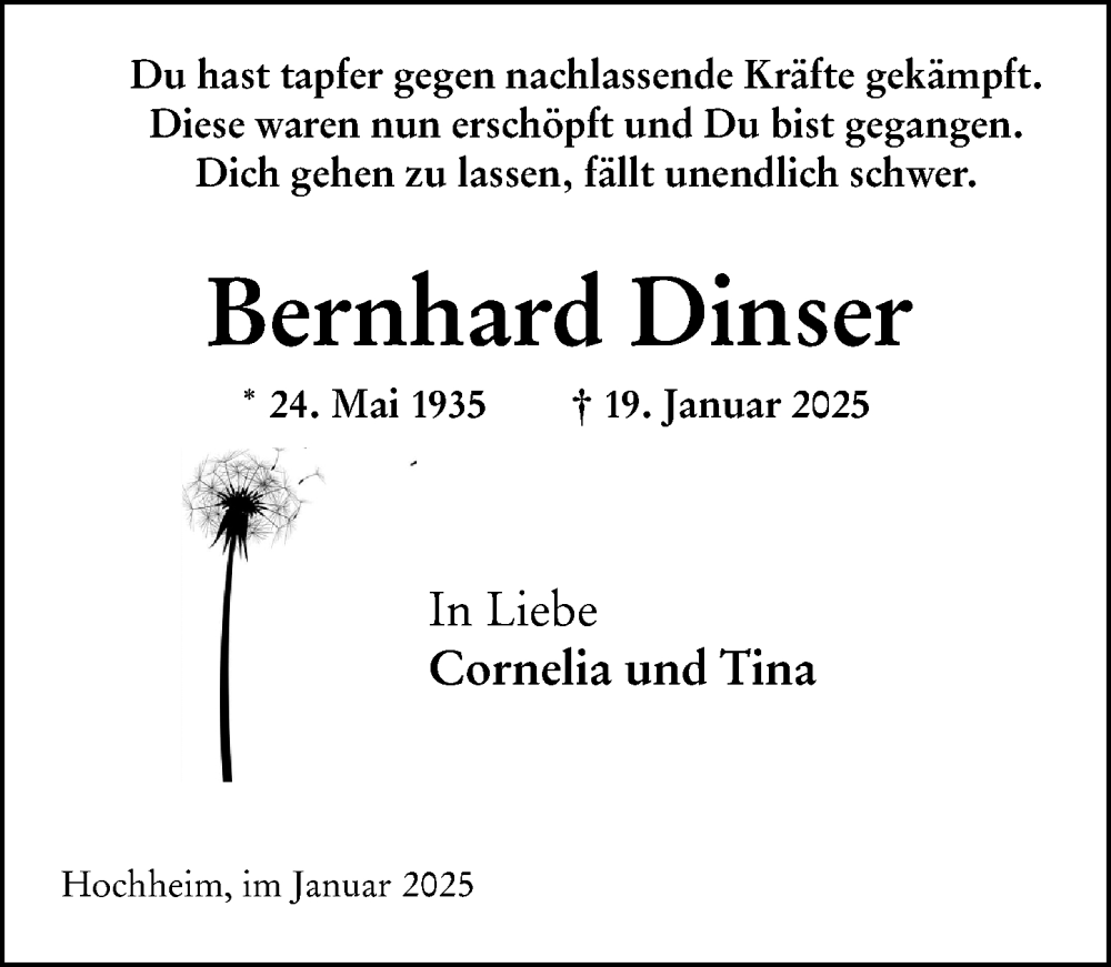  Traueranzeige für Bernhard Dinser vom 31.01.2025 aus Hochheimer Zeitung