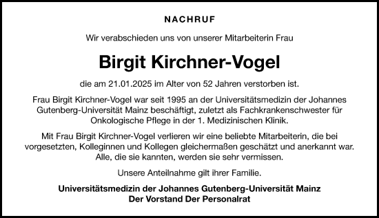 Traueranzeige von Birgit Kirchner-Vogel von Allgemeine Zeitung Mainz
