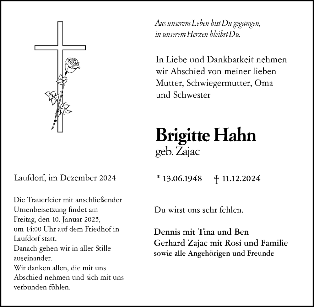  Traueranzeige für Brigitte Hahn vom 04.01.2025 aus Wetzlarer Neue Zeitung