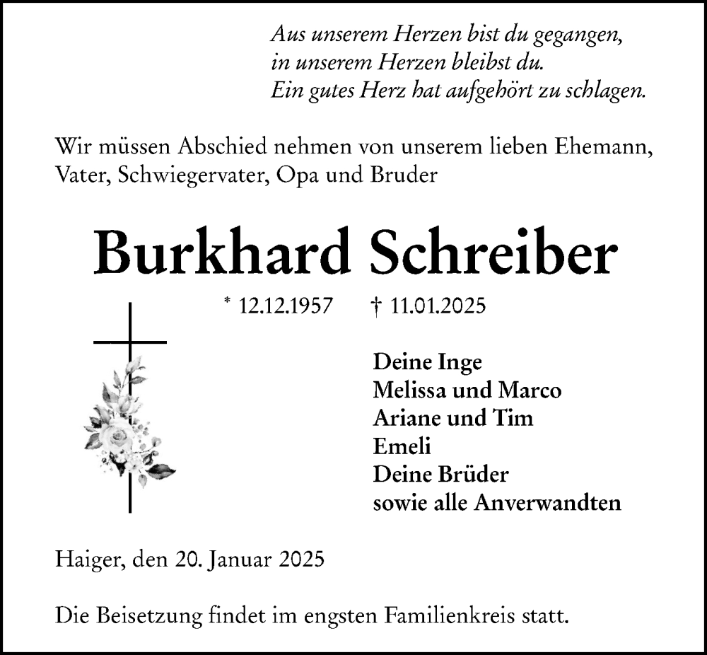  Traueranzeige für Burkhard Schreiber vom 20.01.2025 aus Dill Block