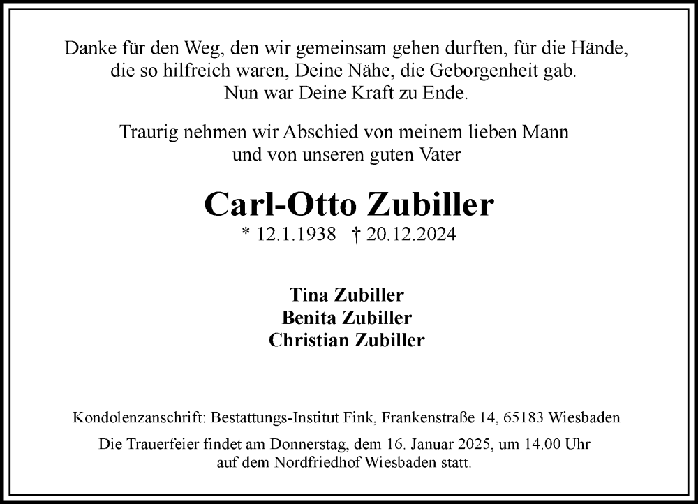  Traueranzeige für Carl-Otto Zubiller vom 11.01.2025 aus Wiesbadener Kurier