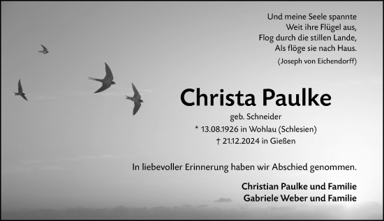 Traueranzeige von Christa Paulke von Wetzlarer Neue Zeitung