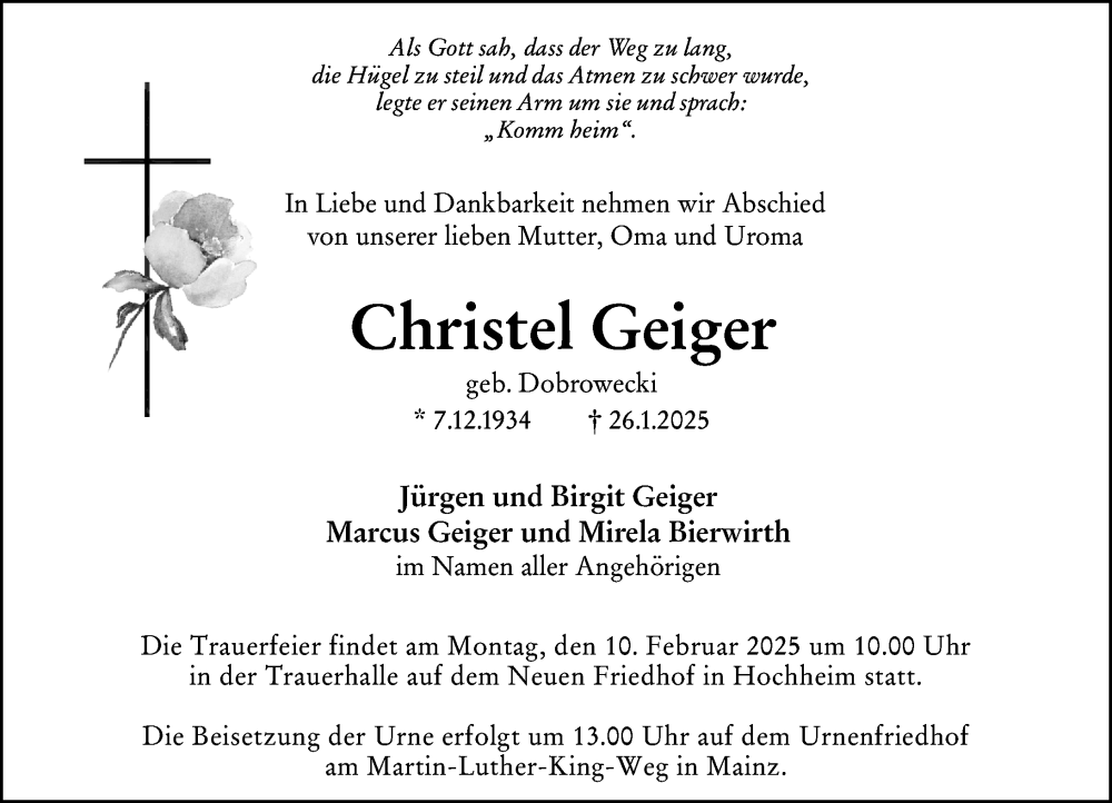  Traueranzeige für Christel Geiger vom 31.01.2025 aus Hochheimer Zeitung