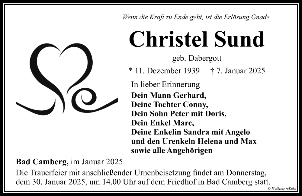  Traueranzeige für Christel Sund vom 23.01.2025 aus Camberger Anzeiger
