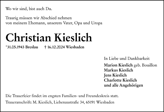 Traueranzeige von Christian Kieslich von Wiesbadener Kurier