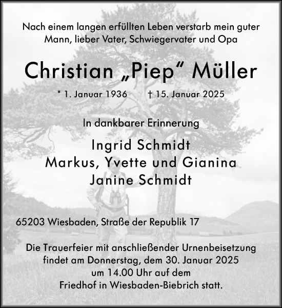 Traueranzeige von Christian Müller von Wiesbadener Kurier