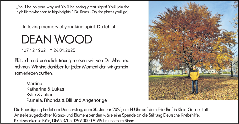  Traueranzeige für Dean Wood vom 28.01.2025 aus Groß-Gerauer Echo