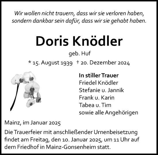 Traueranzeige von Doris Knödler von Allgemeine Zeitung Mainz