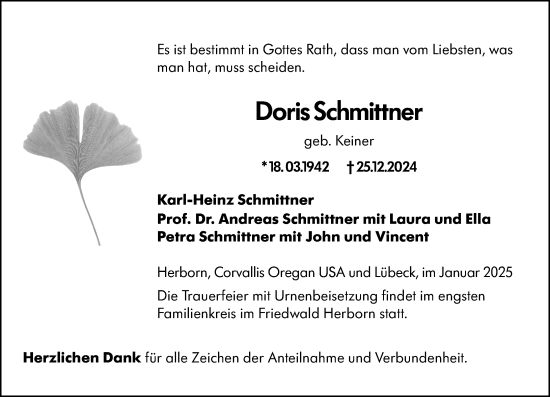 Traueranzeige von Doris Schmittner von Dill Block
