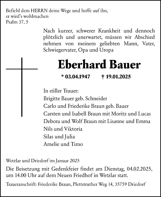 Traueranzeige von Eberhard Bauer von Dill Block