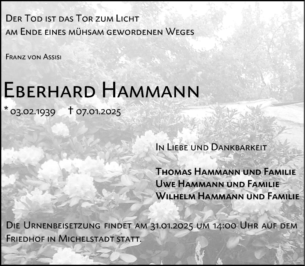  Traueranzeige für Eberhard Hammann vom 25.01.2025 aus Odenwälder Echo