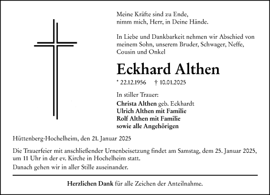 Traueranzeige von Eckhard Althen von Wetzlarer Neue Zeitung