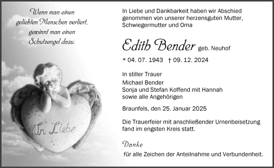 Traueranzeige von Edith Bender von Wetzlarer Neue Zeitung