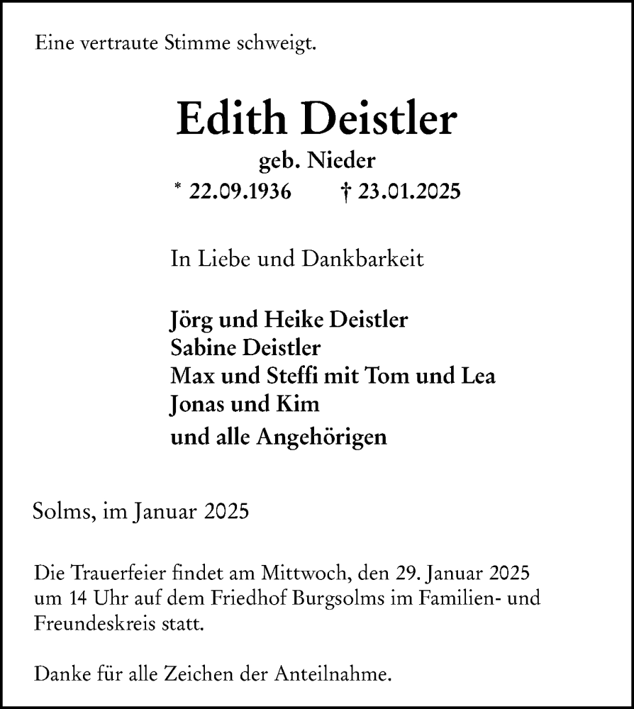  Traueranzeige für Edith Deistler vom 27.01.2025 aus Wetzlarer Neue Zeitung