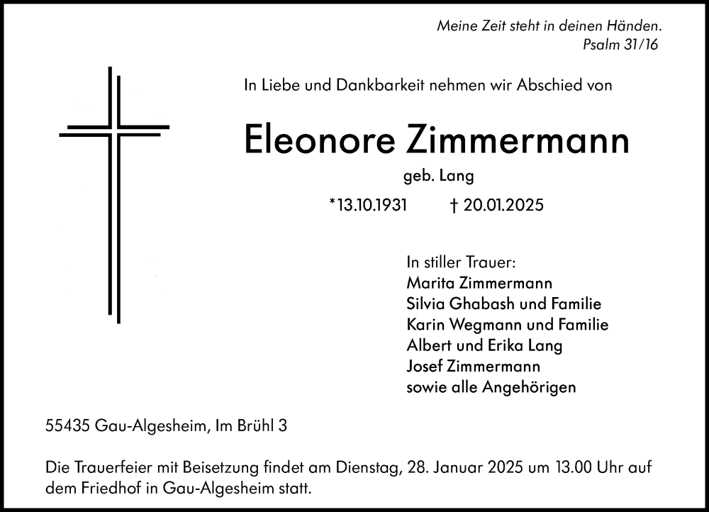  Traueranzeige für Eleonore Zimmermann vom 25.01.2025 aus Allgemeine Zeitung Rheinhessen-Nahe