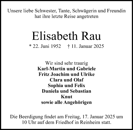 Traueranzeige von Elisabeth Rau von Darmstädter Echo