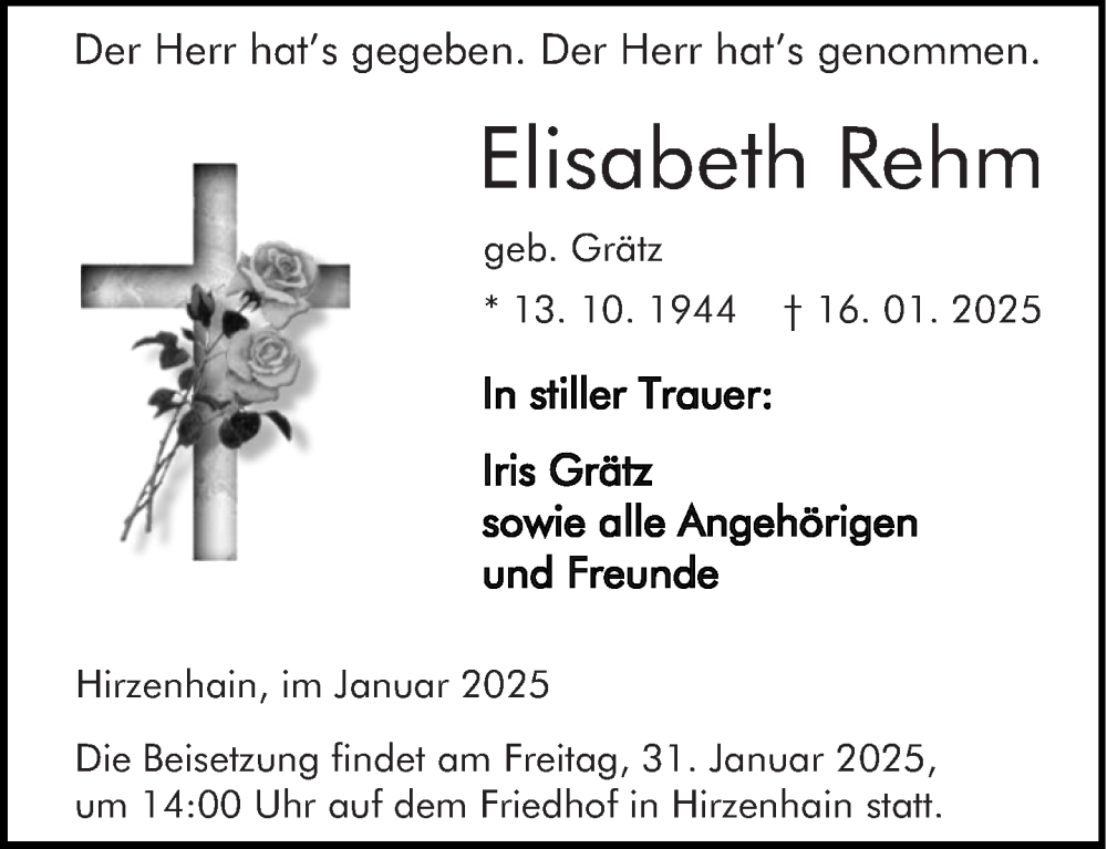  Traueranzeige für Elisabeth Rehm vom 28.01.2025 aus Dill Block