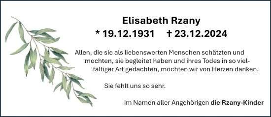 Traueranzeige von Elisabeth Rzany von Hochheimer Zeitung