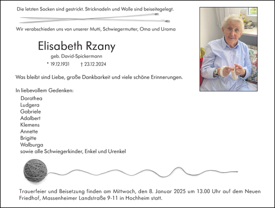 Traueranzeige von Elisabeth Rzany von Hochheimer Zeitung
