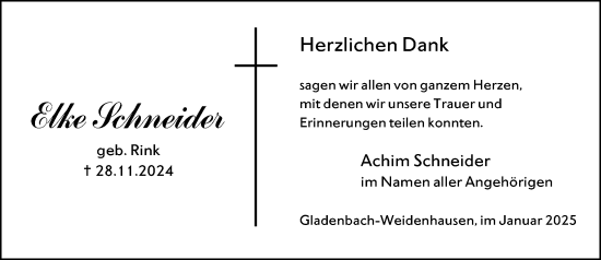 Traueranzeige von Elke Schneider von Hinterländer Anzeiger