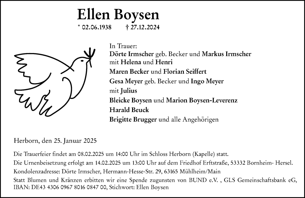  Traueranzeige für Ellen Boysen vom 25.01.2025 aus Dill Block