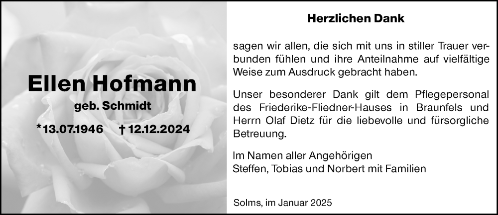  Traueranzeige für Ellen Hofmann vom 07.01.2025 aus Wetzlarer Neue Zeitung