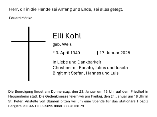 Traueranzeige von Elli Kohl von Starkenburger Echo