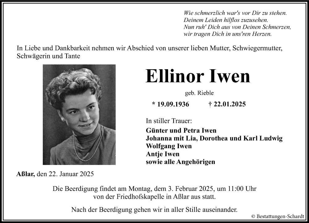  Traueranzeige für Ellinor Iwen vom 29.01.2025 aus Wetzlarer Neue Zeitung