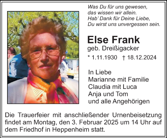 Traueranzeige von Else Frank von Starkenburger Echo