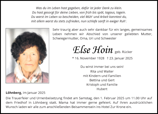 Traueranzeige von Else Hoin von Weilburger Tageblatt