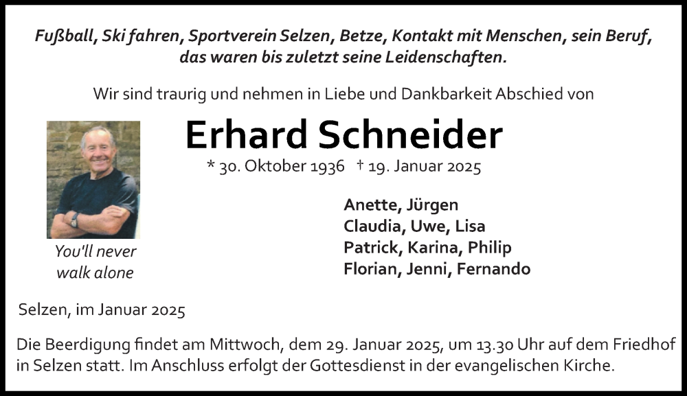  Traueranzeige für Erhard Schneider vom 25.01.2025 aus Allgemeine Zeitung Mainz