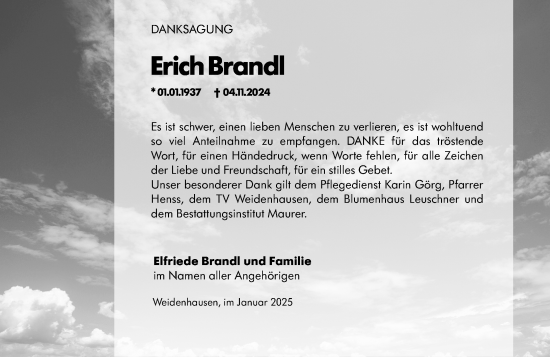 Traueranzeige von Erich Brandl von Hinterländer Anzeiger