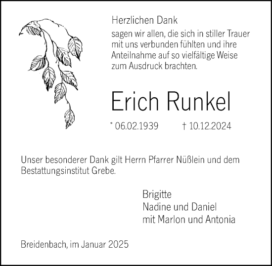 Traueranzeige von Erich Runkel von Hinterländer Anzeiger
