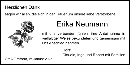 Traueranzeige von Erika Neumann von Dieburger Anzeiger/Groß-Zimmerner Lokal-Anzeiger